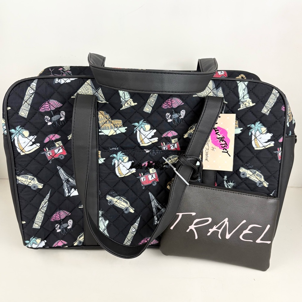 Betsy Johnson Black Multicolor Overnight Weekender Bag & Small Bag New